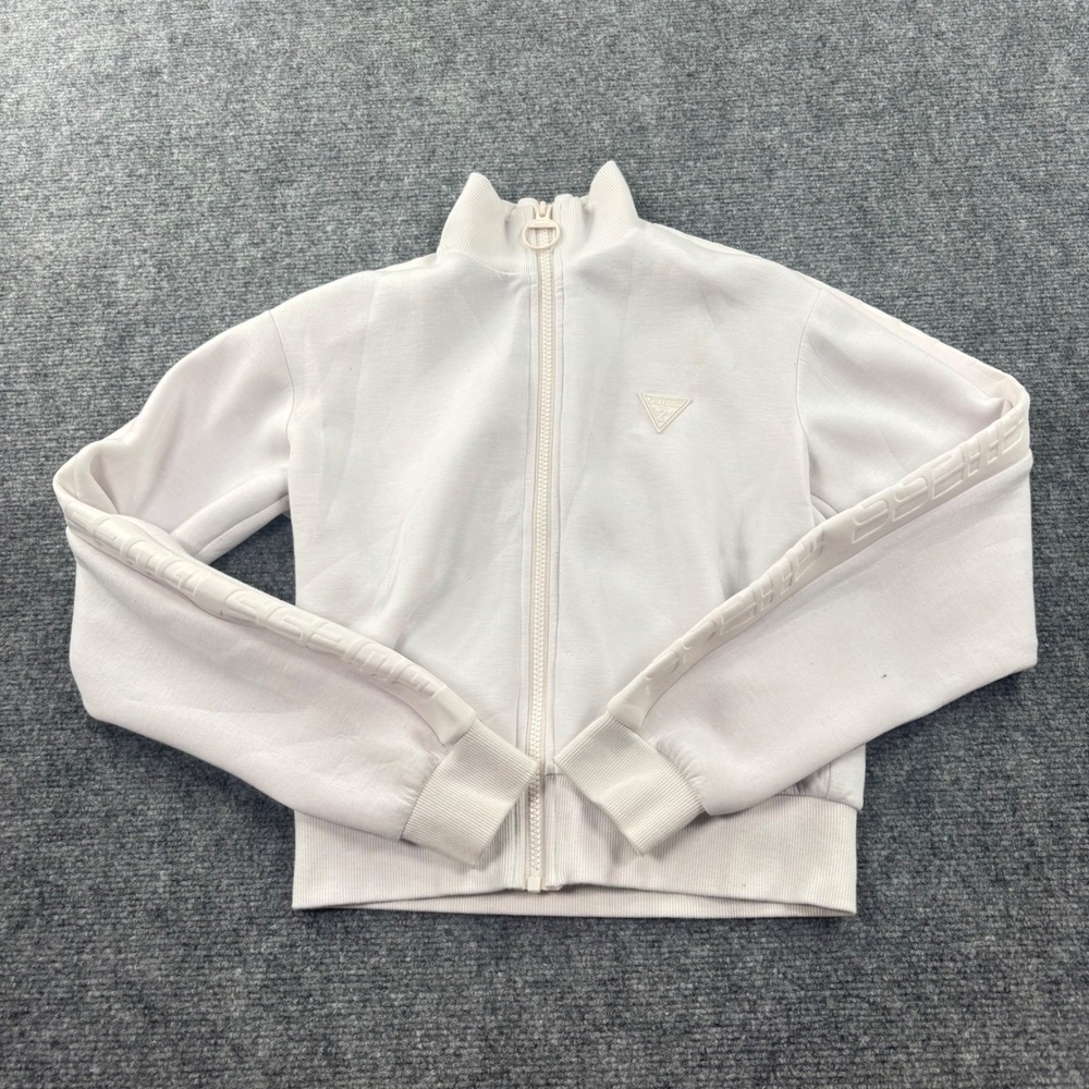 VTG Guess Track Jacket Medium White Logo Tape Sleeves Mock Neck Zip Up Womens